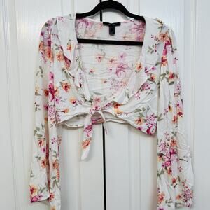 Forever 21 Lightweight Long Bell Sleeves Floral Tie Front Cropped Top Medium